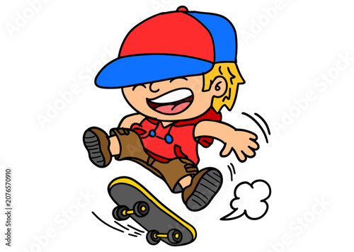 Cartoon Boy Riding Skateboard Performing a Jump Trick
