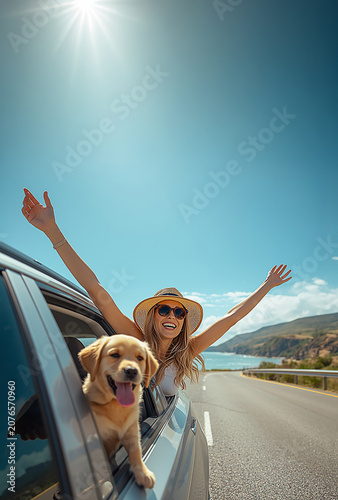Happy Young Woman and Her Dog Enjoying a Coastal Road Trip Adventure