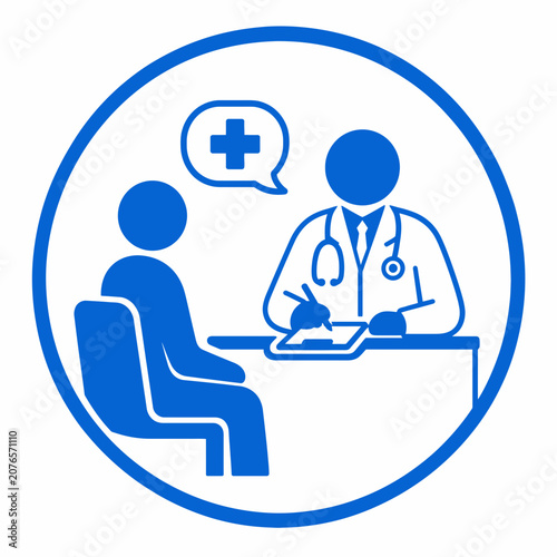 Blue medical icon depicting doctors patient consultation with clipboard, stethoscope, and cross symbol, ideal for healthcarerelated designs and concepts.