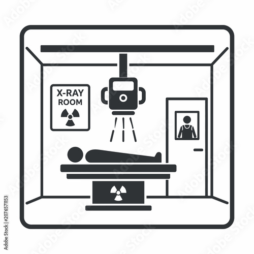 Detailed image of a medical radiology room showcasing diagnostic equipment, patient bed, safety signage suitable for healthcare media projects.
