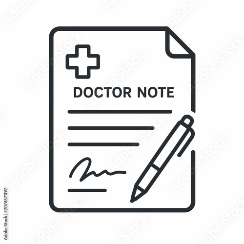 Black medical document icon suitable for healthcare websites and apps. Lines cross white paper with pen signature, providing professional look.