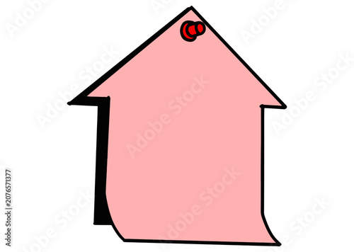 Pink Home Sticky Note with Push Pin Hand Drawn Illustration