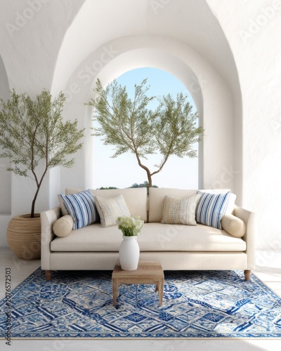 mediterranean living room with sandy beige linen sofa, white stucco walls, blue patterned rug, arched window, olive tree, bright daylight