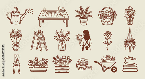 Florist and gardening elements seamless pattern background in line art style