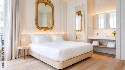 minimal hotel room full view, paris boutique hotel, modern bed, baroque trumeau mirror, soft glow lighting, elegant composition