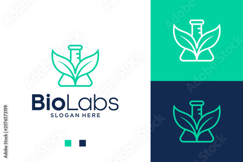 Fotografie Modern Minimalist Biotechnology Lab Logo Concept with Leaf and Test Tube Icon fo