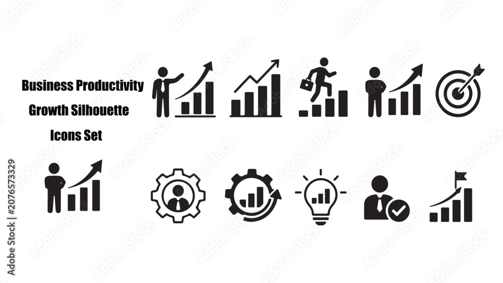 Fototapeta premium Business Productivity Growth Silhouette Icons Set – Person, Bar Chart, Arrow & Gear Outline Vector
