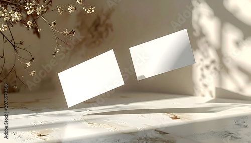 Two floating blank business cards on a textured beige surface with soft shadows