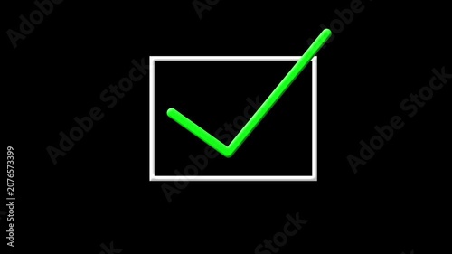 Green check mark icon displayed on a black background. Minimal graphic element representing confirmation, approval and success, suitable for video editing, presentations