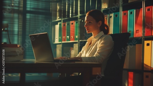 woman working late at office desk on laptop