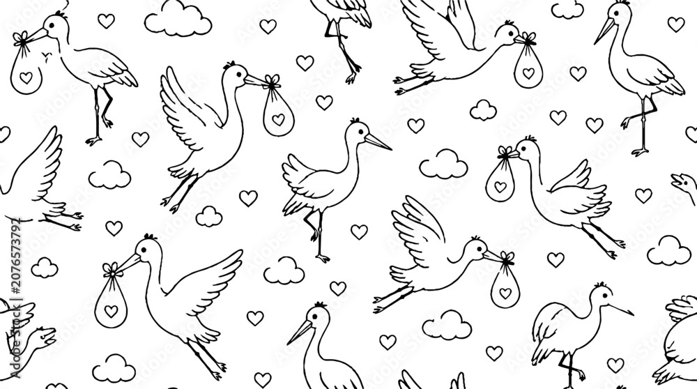 Fototapeta premium Flying storks with baby bundles and hearts pattern.