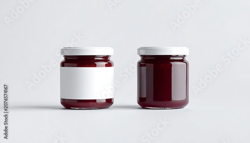Two glass jars of red jam with white lids, one with blank label for branding mockup