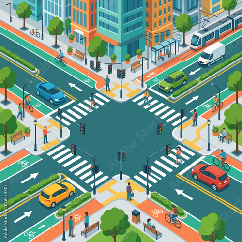 Isometric City Intersection with Pedestrians, Bikes, Cars, and Tram