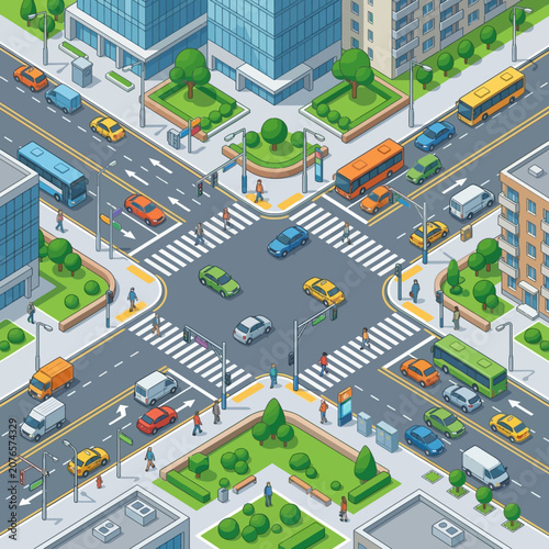 Isometric City Street Intersection with Traffic, Cars, Buses, and Pedestrians