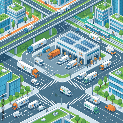 Isometric cityscape with logistics hub, trucks, and city traffic