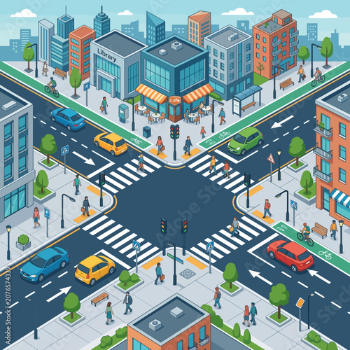 Isometric City Street Intersection with People, Cars, and Buildings