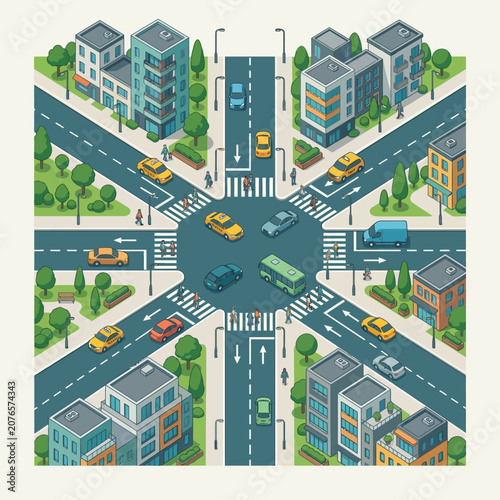Isometric City Scene: Busy Intersection with Traffic, Cars, and Buildings