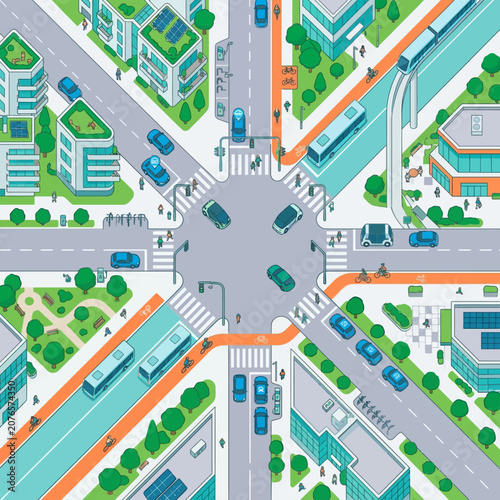 Isometric smart city intersection with eco-friendly transport and modern architecture