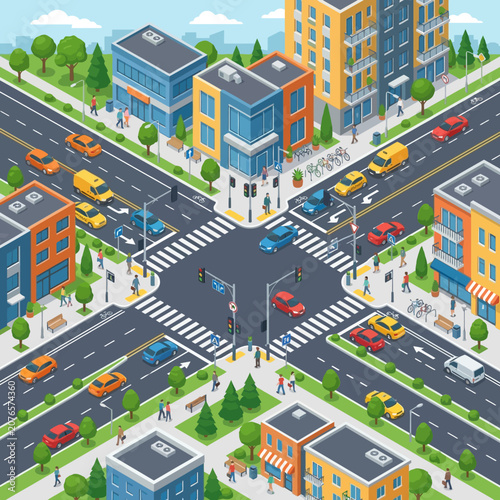 Isometric City Street Intersection with Traffic and Pedestrians