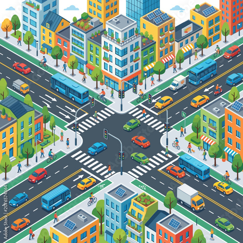 Isometric Cityscape Crossroads with Traffic and Buildings