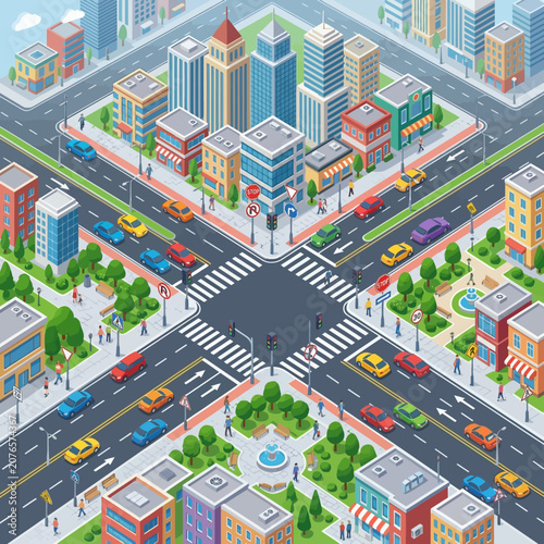 Isometric Cityscape Crossroads With Traffic, Buildings, Pedestrians, And Greenery