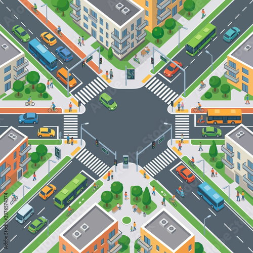 Isometric Traffic Intersection with Many People, Cars, Buses & Green Cityscape