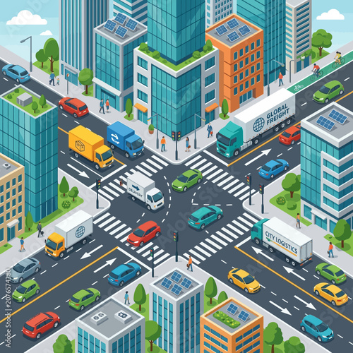 Isometric Smart City Intersection with Green Transport and Modern Buildings