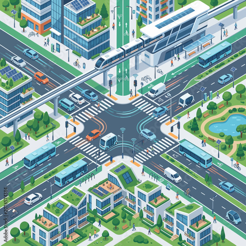 Isometric smart city intersection with futuristic transportation and eco-friendly buildings
