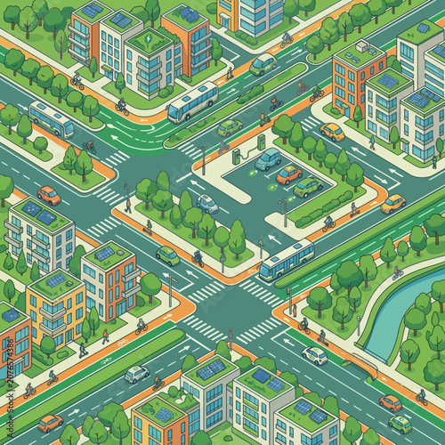 Isometric smart city street with electric cars, bikes, and green buildings