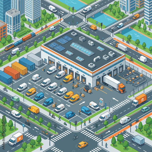 Isometric logistics hub with trucks, warehouse, loading bay, city street, and transport