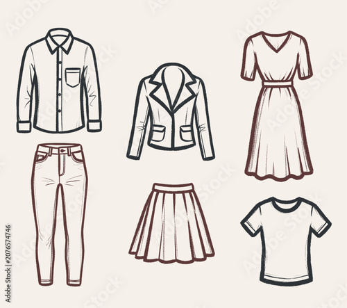 Collection of six hand-drawn line art clothing items, including a shirt, jacket, dress, jeans, skirt, and t-shirt on a light background