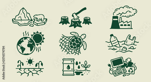 Environmental issue and habitat destruction seamless pattern line art