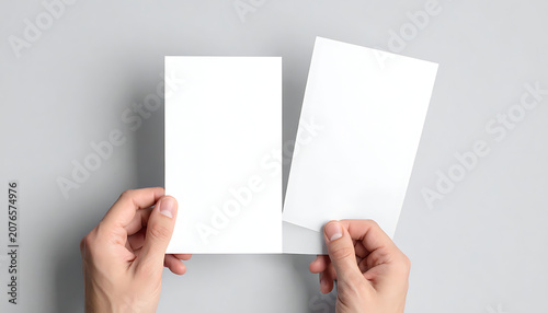 Two hands holding blank vertical flyers, empty paper sheets, flyer mockup template
