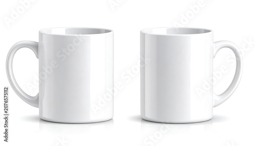 Two isolated blank white mugs for branding mockup, coffee tea cup template design