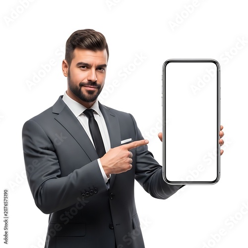 Businessman points to empty smartphone screen in a grey suit isolated.
