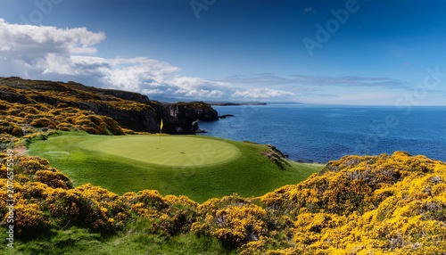dramatic scottish golf hole yellow gorse blooms ocean panorama clear skies spring