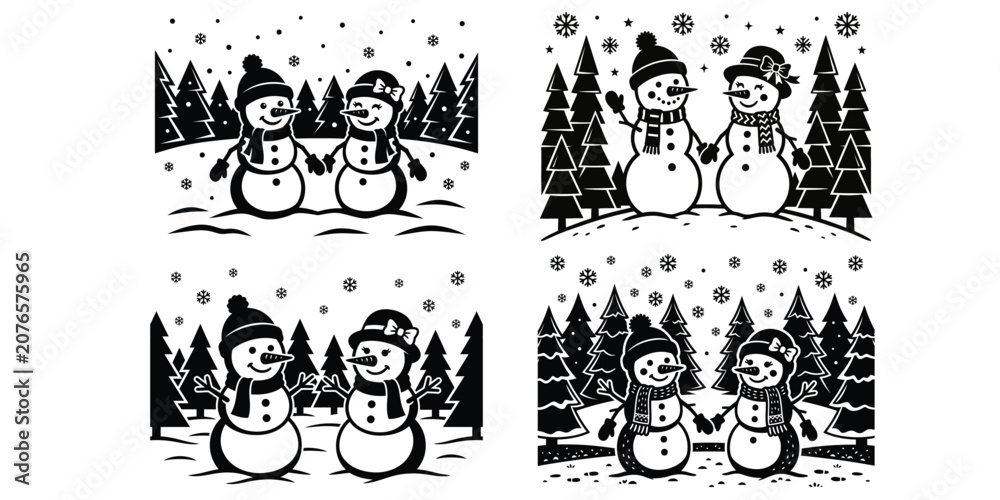 Fototapeta premium Cute snowman couple in winter forest silhouette vector set