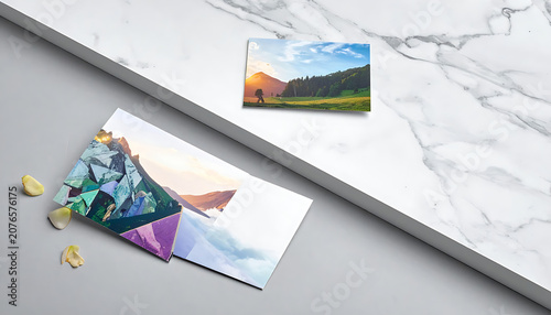 Two landscape photography prints resting on elegant white marble textured surface