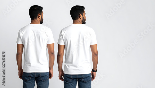 Two men wearing blank white t-shirts, rear view mockup, casual apparel, textile texture