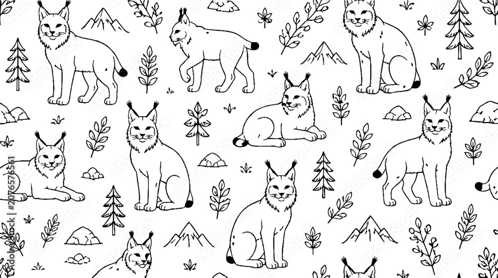 Fototapeta premium Playful Lynx Cats in Forest Pattern Design.