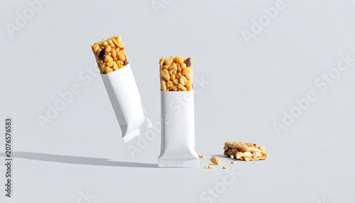 Two muesli granola bars in blank white packaging, floating snack bars with crumbs