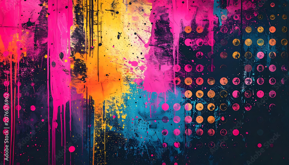 Obraz premium vibrant abstract watercolor paint drips and halftone dot pattern texture background