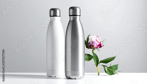 Two reusable metal water bottles in white and silver standing with a pink peony flower