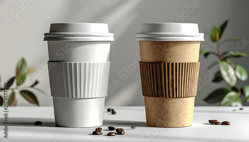 Two reusable takeaway coffee cups with corrugated sleeves on table, coffee bean texture, cafe and takeaway morning ritual setting
