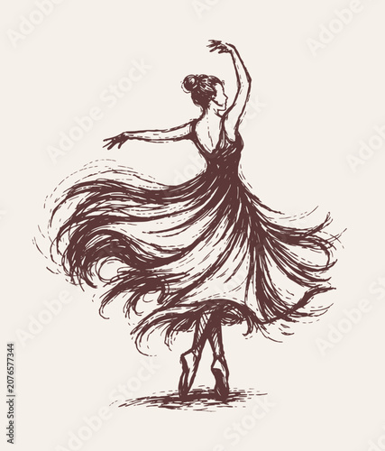 Ballerina dancing in a flowing dress, sketch illustration in brown ink style