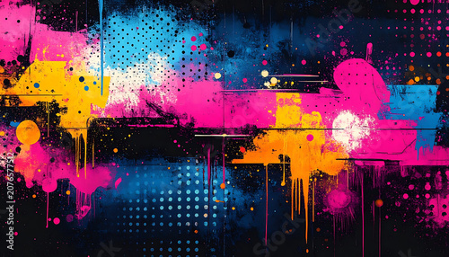 vibrant neon paint splatter background with halftone dots and ink drips, urban street style texture for posters and digital designs