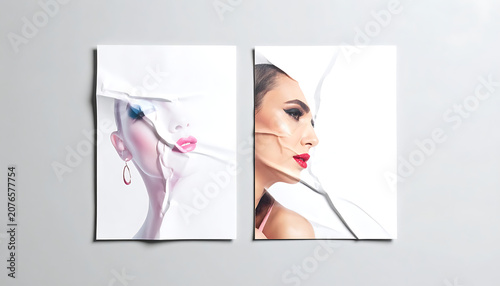 Two sheets of paper featuring feminine beauty portraits with torn edges, artistic layout, fashion editorial photography, beauty and cosmetic branding