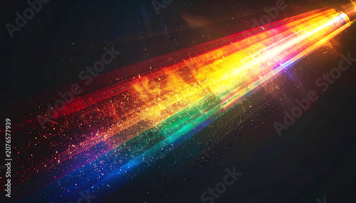 vibrant rainbow laser beam cutting through dark space with glowing particles and energetic light streaks