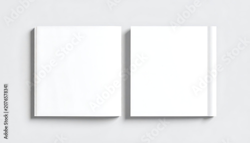 Two square blank book covers side by side, top view mockup for editorial branding presentation