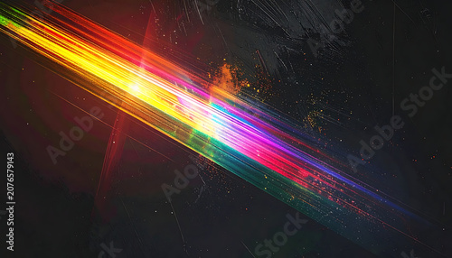 vibrant rainbow light streak with lens flare and particles on a dark background